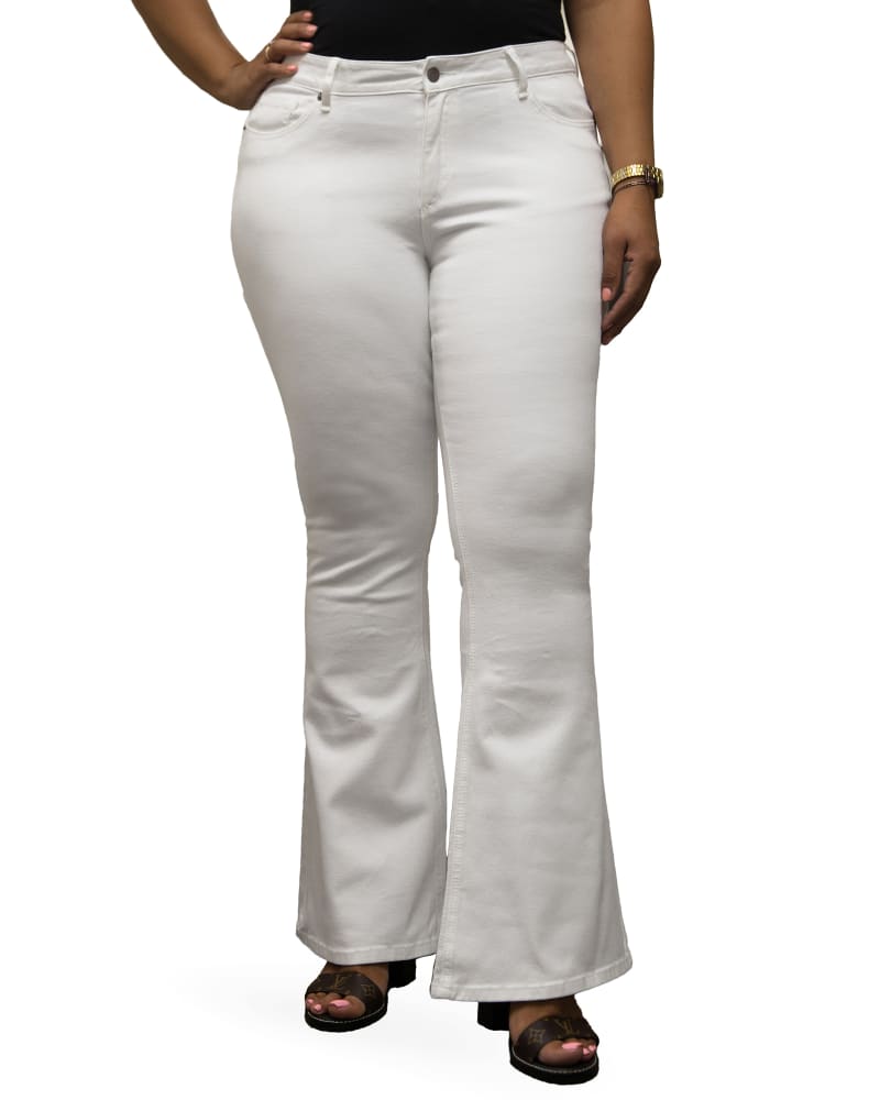 Front of a model wearing a size 14 Becca Flare Jeans in White by Poetic Justice. | dia_product_style_image_id:281948